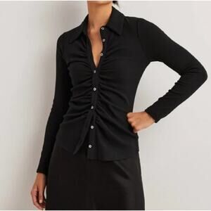 Boden Black Ribbed Button Up Gathered Ruched Fitted Collared Top Size 12